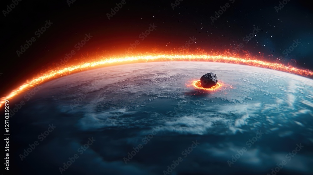 Poster asteroid impact idea. an asteroid approaches earth, surrounded by fiery atmosphere in a dramatic spa