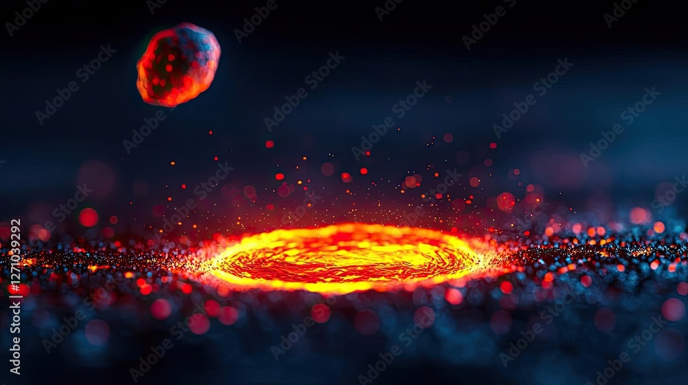 Poster Asteroid impact idea. A vibrant image showcasing molten lava with glowing particles in a dark setting.