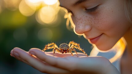 Naklejka premium Girl observes spider sunset nature curiosity