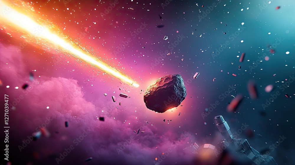 Poster asteroid impact concept. a vibrant cosmic scene depicting a meteor traveling through space with colo