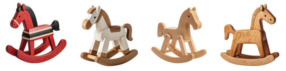 Collection of Vibrant and Charming Wooden Rocking Horses in Vintage Styles for Nursery Kids Bedroom or Home Handcrafted Wooden Toy Horses for Play Display and Nostalgic Holiday