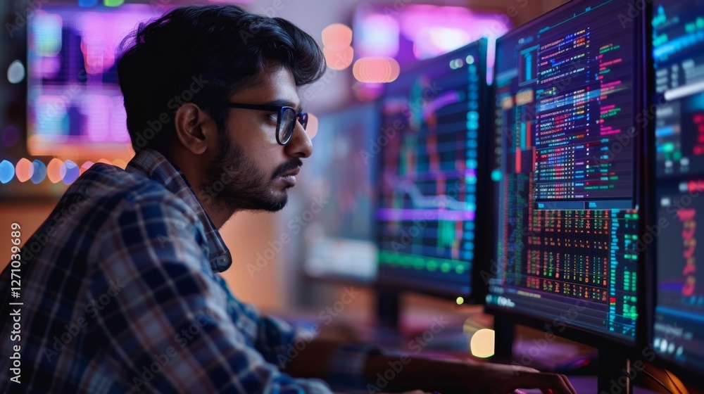Poster Individual intently examines several computer screens displaying colorful graphs and data, immersed in analysis in a tech driven environment illuminated by soft lighting.