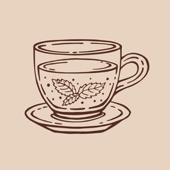 Cup of tea with healthy green tea, mint leaves. Hand drawn vector illustration in outline style.