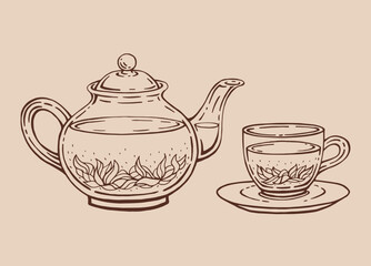 Tea set with glass teapot and cup, karkade. Hand drawn vector illustration in outline style.