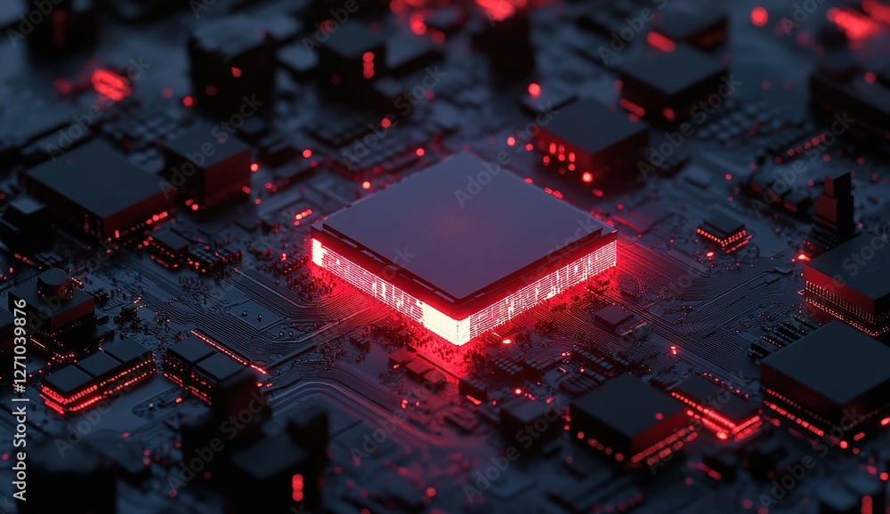 Poster exploring the intricate design of a microprocessor's circuitry with glowing red leds illuminating it