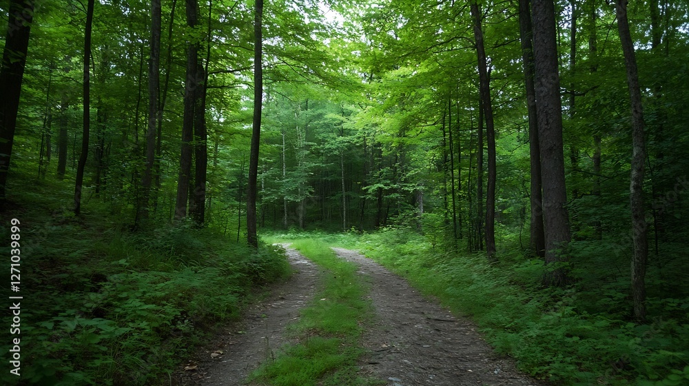 Poster lush green forest path leading into the calm depths of nature inviting exploration and adventure : g