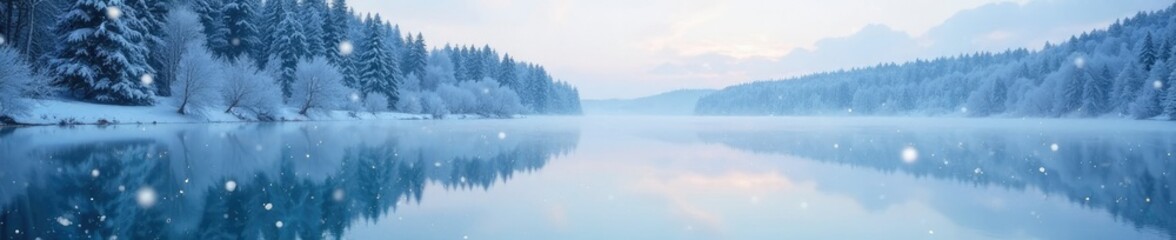 Serene winter landscape with snowflakes drifting across a frozen lake, snowfall, stillness, snow effects