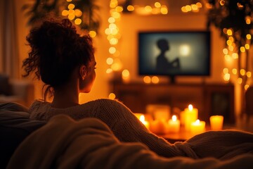 Cozy evening at home with soft lights and a warm atmosphere while watching a captivating show
