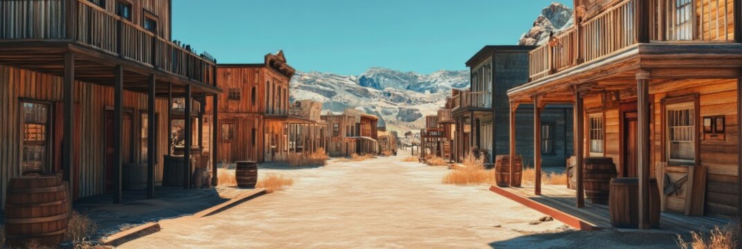 Wild West Town. Abandoned Three-Dimensional Street with Aged Wooden Buildings in America