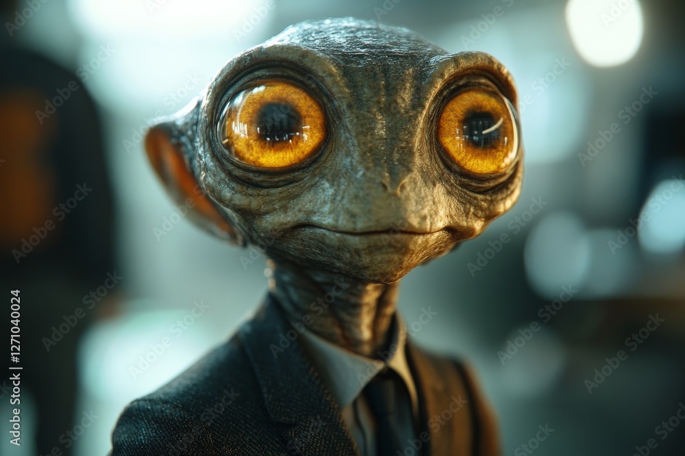 Poster intriguing alien character dressed in a suit with big expressive eyes in a modern setting