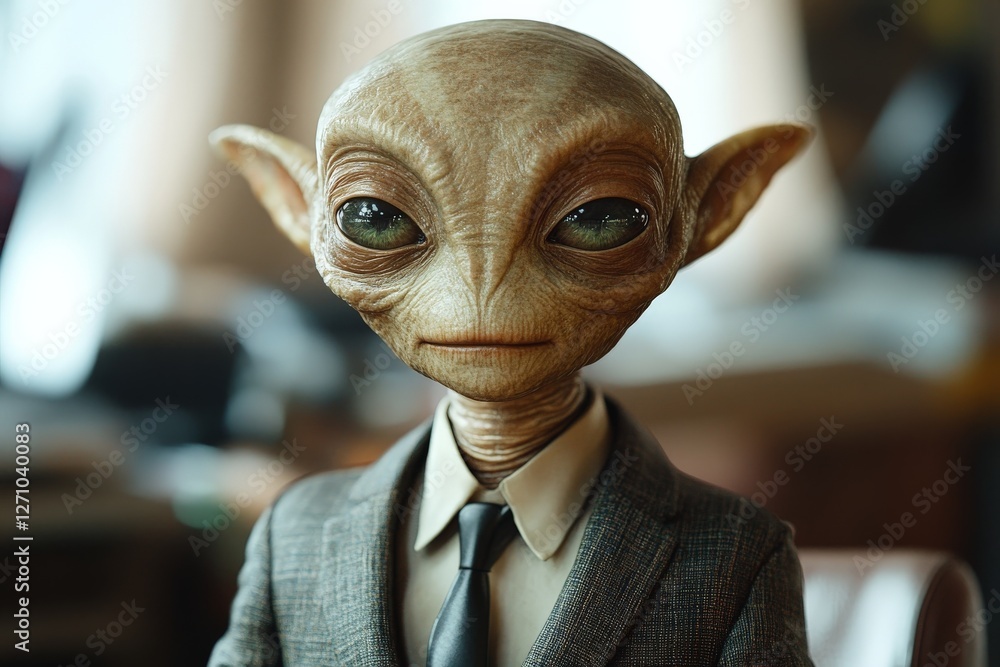Poster alien figure in formal attire poses for a portrait in an office setting, showcasing unique features 