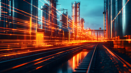 Digital twin of an industrial plant, glowing digital lines depicting energy flow and process activities in the background, photorealistic style, illuminated by neon lights at night. The scene 
