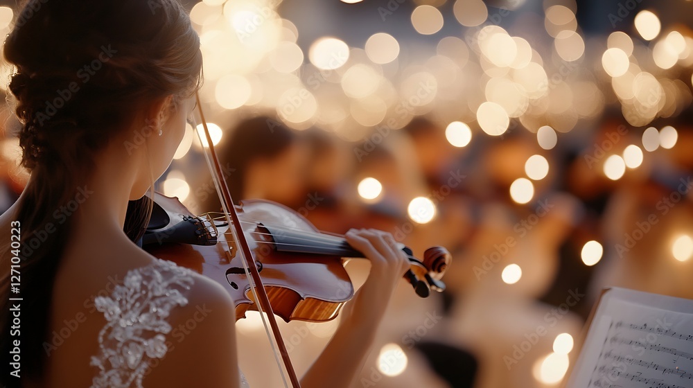 Aufkleber Violinist performing on stage surrounded by twinkling lights creating a magical atmosphere at an event : Generative AI