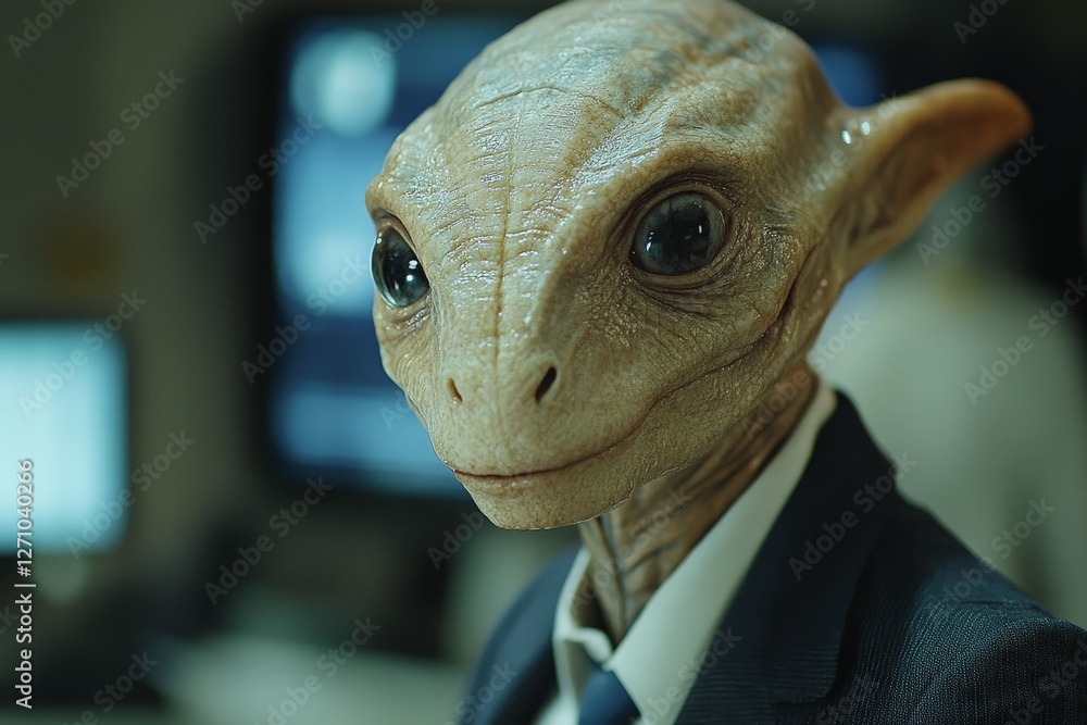 Poster alien creature in a suit stands in a modern office environment with technology in the background