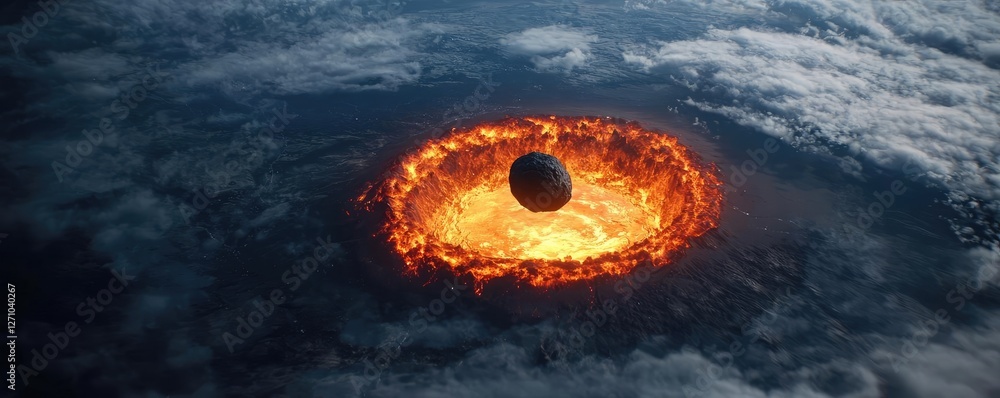 Poster asteroid impact idea. a dramatic scene of a celestial body colliding with a fiery explosion in space