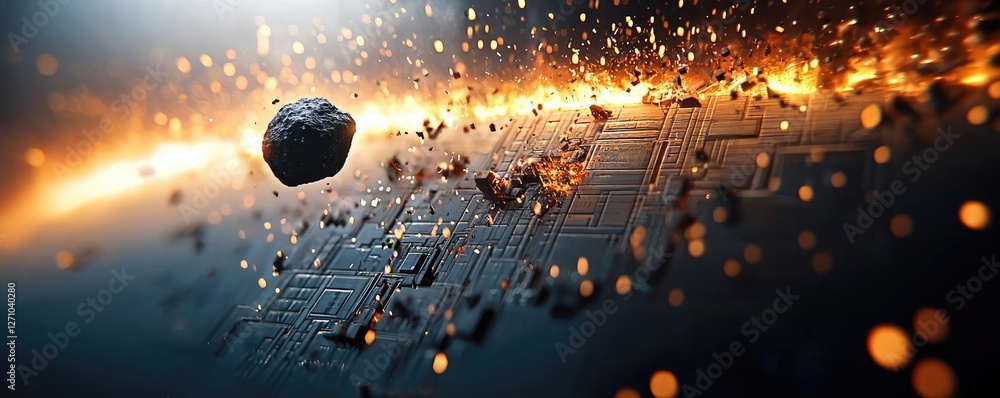 Aufkleber asteroid impact idea. a futuristic view of asteroids and glowing circuits in a digital universe.