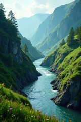 Obraz premium serene canyon landscape with forest on left, green fields on right, river flowing through, calm, nature