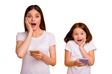 Portrait of two nice cheerful cheery funny funky childish glad person using web 5g fast wi-fi connection isolated over bright vivid shine yellow background