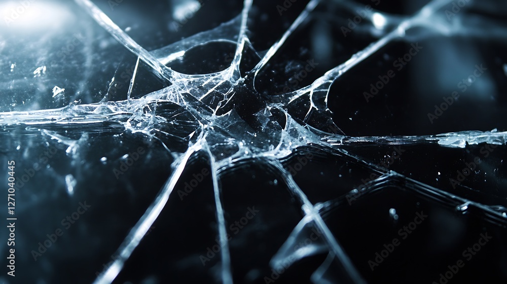 Poster Intricate pattern of shattered glass creating an abstract design with visible fractures and reflections : Generative AI
