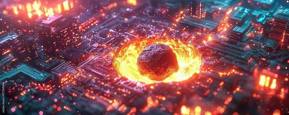 Poster asteroid impact idea. futuristic digital landscape showcasing molten core in tech environment.