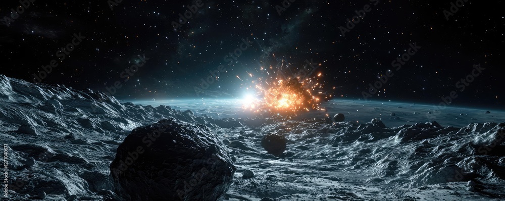 Poster Asteroid impact idea. A dramatic scene depicting an explosion on a distant moon in outer space.