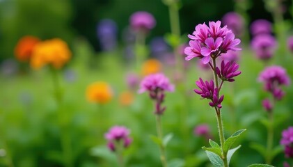 Obraz premium Purple prairie verbena growing in a garden with other plants, purple, botanical