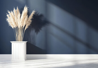 Minimalist interior design with an empty navy blue wall and a white wooden cabinet for decoration, a mock-up. 