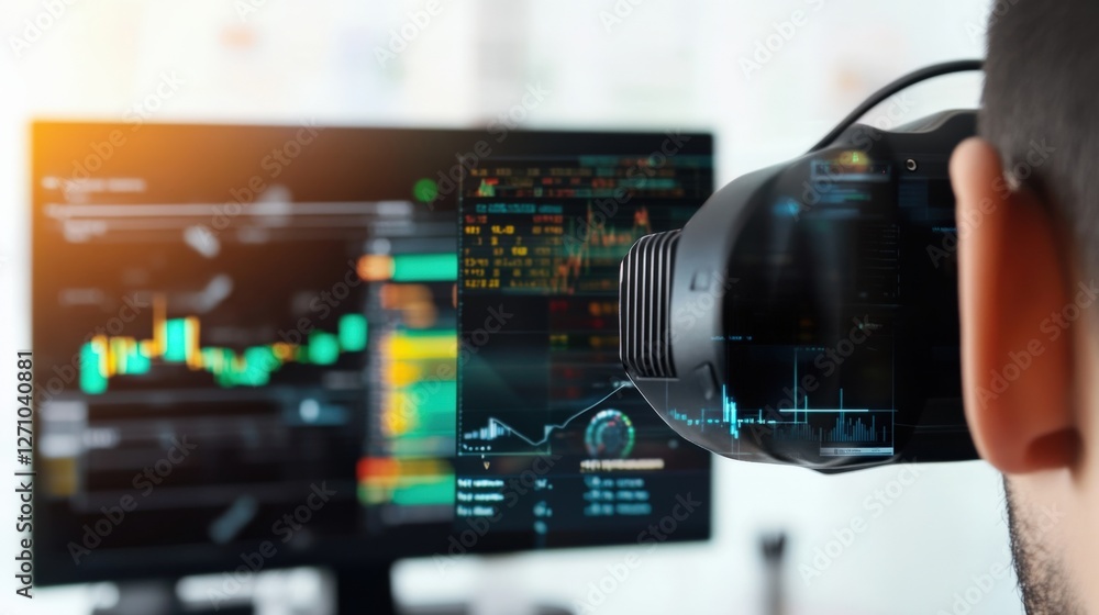 Poster virtual reality data analysis office space technology insights modern environment close-up view inno