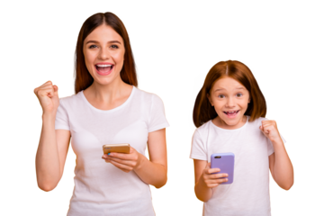 Portrait of two nice cheerful cheery glad satisfied person using web 5g wi-fi connection great news isolated over bright vivid shine yellow background