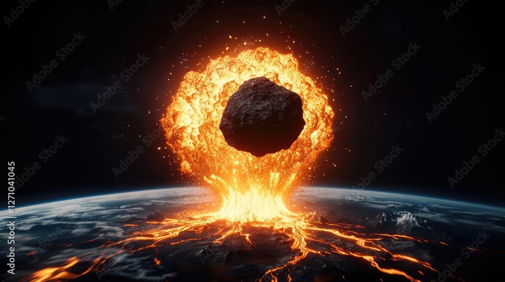 Poster asteroid impact idea. a dramatic depiction of an asteroid impact causing a fiery eruption on earth.