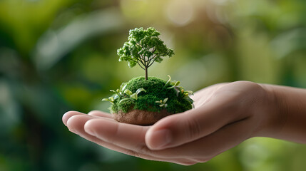 hand gently holds small, lush green tree on mossy base, symbolizing natures beauty and
