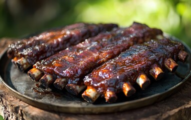 A plate of barbecued ribs, caramelized sauce glistening under the light