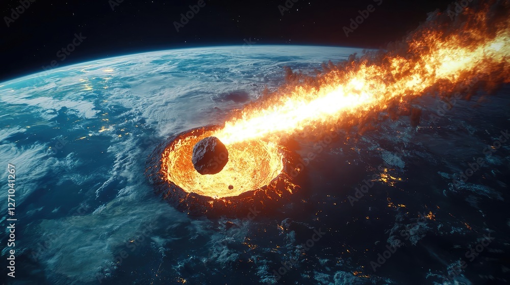 Poster asteroid impact idea. dramatic view of an asteroid striking earth, creating an explosive impact.