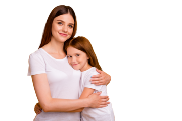 Portrait of two nice cheerful cheery tender gentle sweet dreamy person cuddling mommy mum spending time isolated over bright vivid shine yellow background