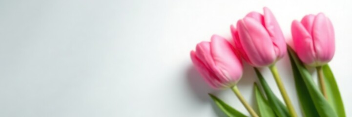 Fototapeta premium Pink tulips on white background with subtle shadows, soft focus, shadows