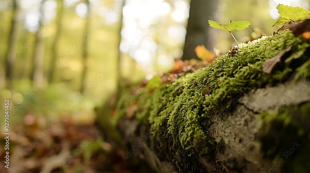 Poster Closeup view of mosscovered log with sunlight filtering through trees in a peaceful forest setting : Generative AI