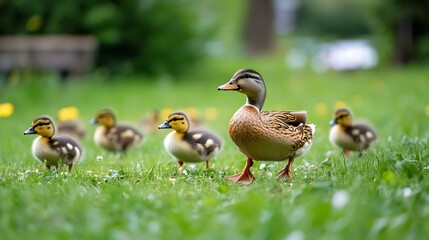 Obraz premium Adorable mother duck leading a trail of fluffy ducklings across a vibrant green meadow : Generative AI