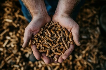 Wood Pellet. Biofuel Concept with Man's Hands Holding Pellets in Bio Background