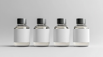 Showcasing clear glass bottles minimalist studio product photography modern aesthetic eye-level view clean design concept