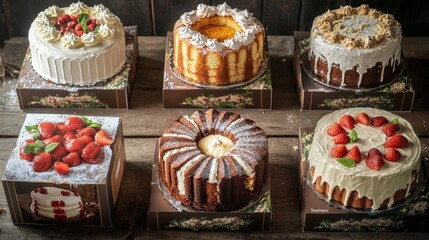 Delicious cake display for a dessert event rustic kitchen food photography cozy setting close-up culinary art
