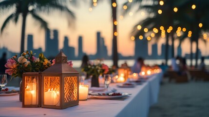 Romantic beach dinner setup at sunset with candles and city skyline