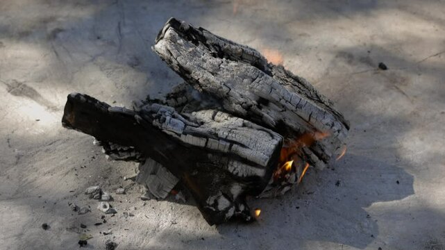 Logs burn to white ash on concrete fire pad, flames and embers