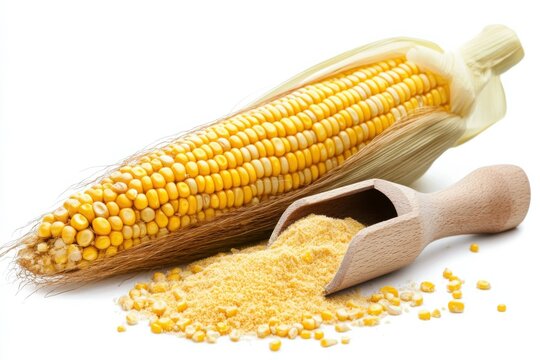Yellow Cornmeal. Vintage Food Ingredient Cornmeal Grain in Raw Flour Scoop