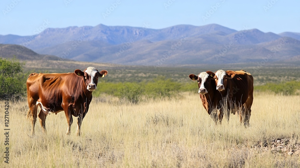 Poster two brown cows standing gracefully in a vast open field against a scenic mountain backdrop : generat