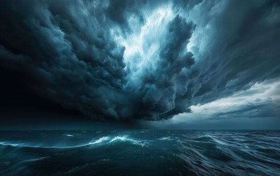 A powerful storm rolling in over the ocean, dark clouds swirling