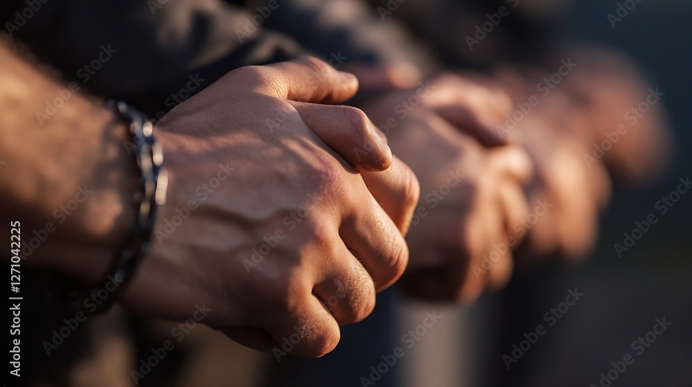 Poster close up of intertwined hands symbolizing unity and support during difficult times : generative ai