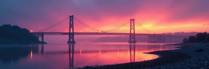 Obraz premium Humber Bridge at sunset with foggy atmosphere, bridge, estuary