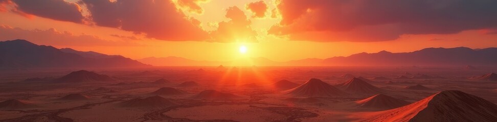 Horizon suns rays stretch far across empty land, emptiness, vastness