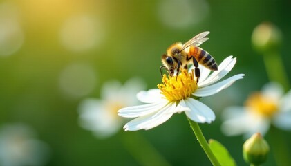 Obraz premium Honey bee in mid-air collecting white pollen from a white flower, garden, white flower, nectar