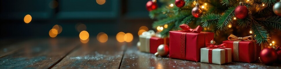 Holiday ornaments and garlands add a pop of color to the elegant tree, present boxes, ornaments